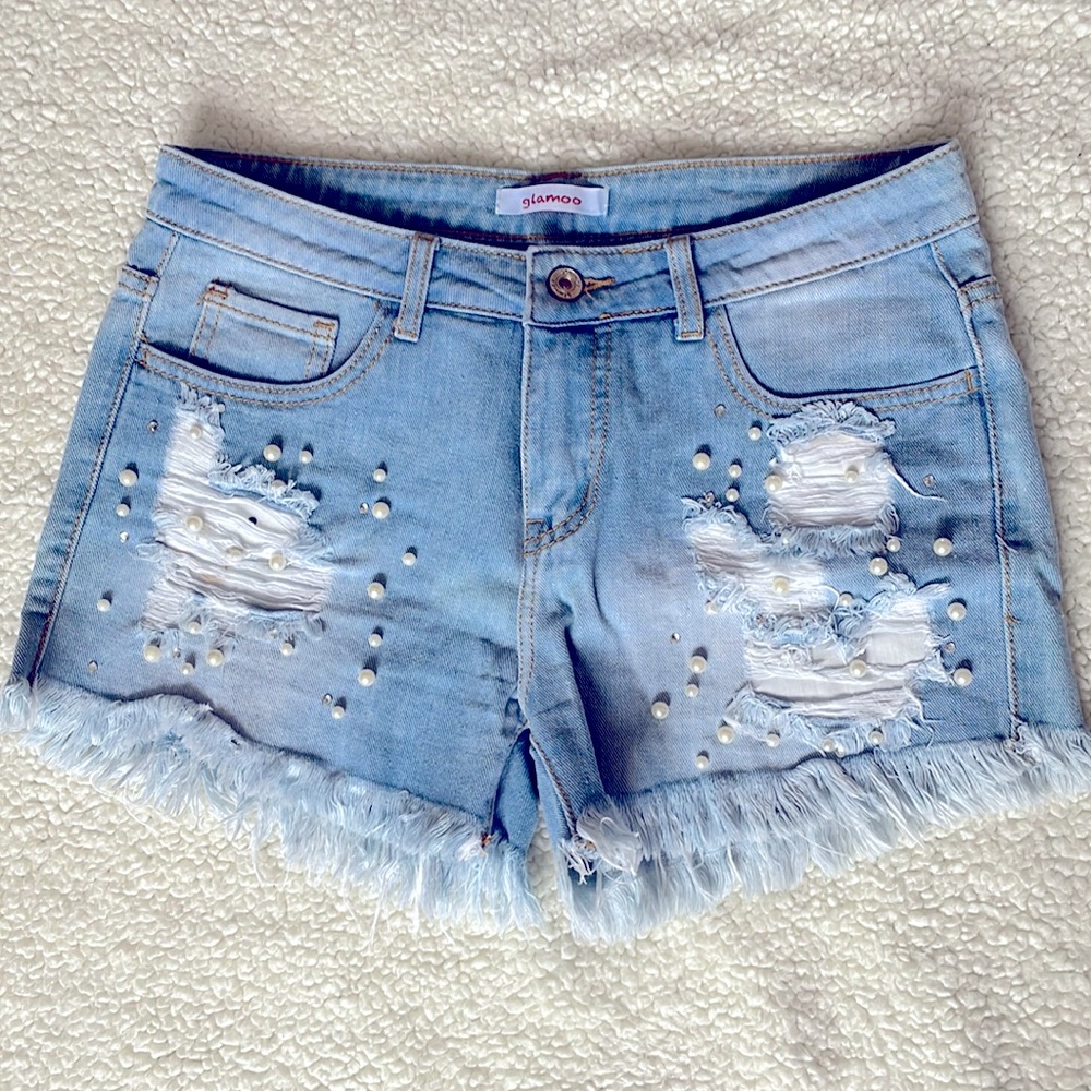 BLUE DENIM SHORTS GLAMOO DECORATED WITH PEARLS, Size S